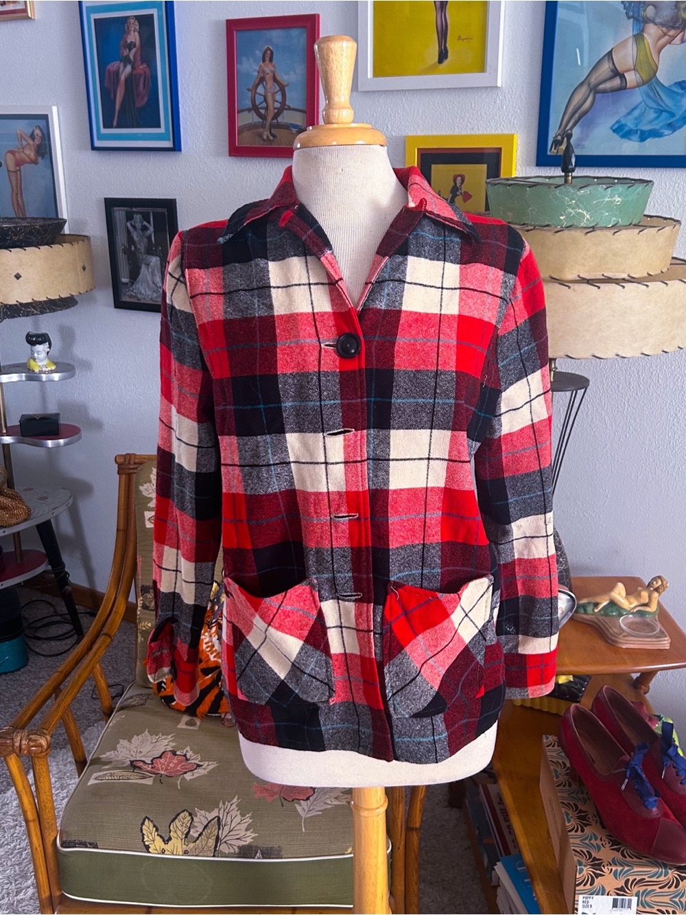 Vintage 1940s Jacket | 49er | Red | Plaid | M L | 40s | Wool | Preppy | 50s